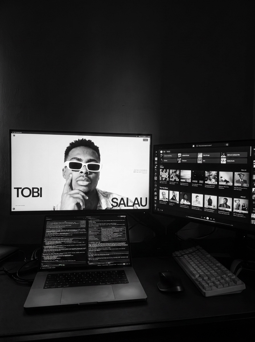 Tobiloba's workspace, dual monitors running the portfolio and a laptop mid-build