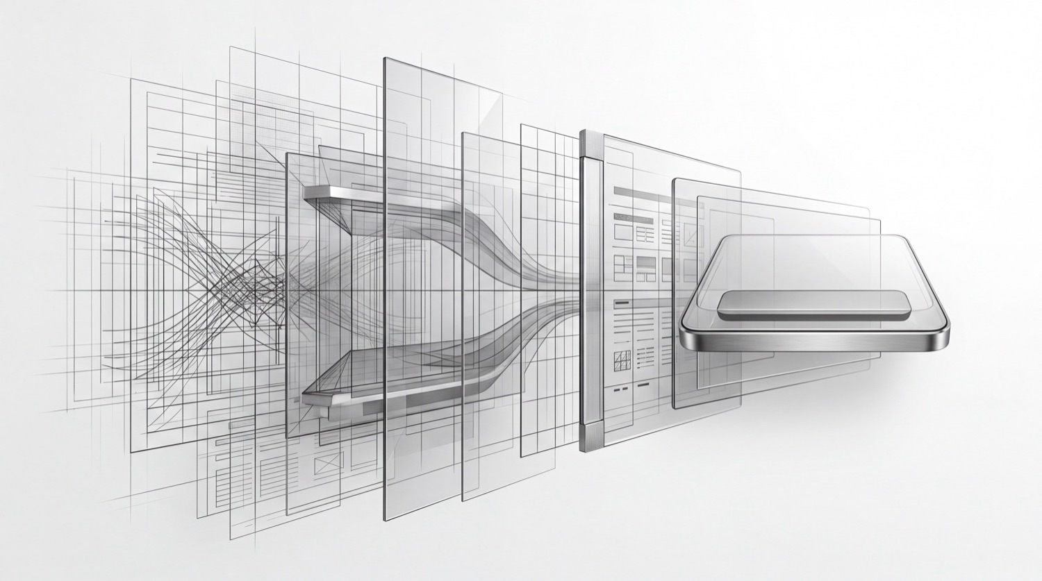 A wireframe blueprint resolving into a finished product, research to refinement